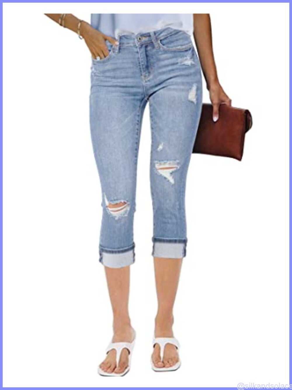 High Waisted Distressed Stretch Skinny Capri Jeans Ripped Cropped Denim